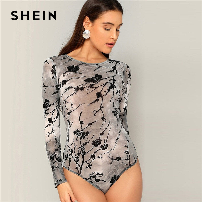 SHEIN Lady Classy Grey Sheer Jacquard Skinny Bodysuit Women 2019